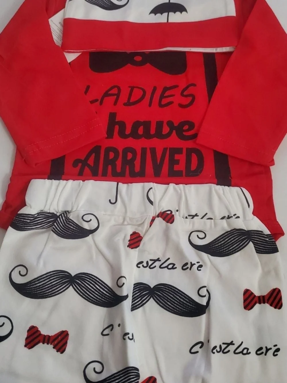 Red and White Baby Outfit with Mustache Print